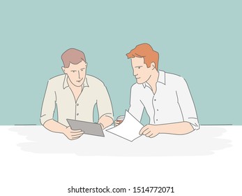 Color sketch of business people. Businessmen using notebook. Office workers. Hand drawn vector illustration.