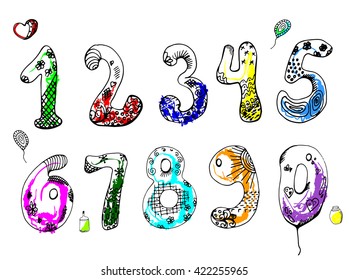 Color sketch children's drawing numbers. Cute patterns and doodles.
