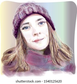 Color sketch of the face of a young brunette girl in a hat with a predominance of purple painted by brush.