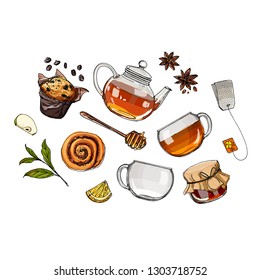 Color sketch of food. A jar of honey, bun, pastries. Teapot and a mug painted lines on a white background. Vector sketch of dishes. Glass teapot, tea bag, green tea