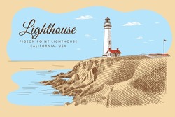 Color Sketch Of The Lighthouse And Buildings Around It On A Cliff, Ocean And Sky With Clouds Around. Pigeon Point Lighthouse, California, USA. Vintage Card, Hand-drawn, Vector. Nature Sketch.