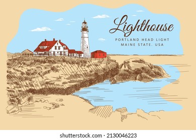 Farbskizze des Leuchtturms und der Gebäude um ihn herum auf einer Klippe, Ozean und Himmel mit Wolken herum. Portland Head Light, Maine State, USA. Vintage-Karte, handgezeichnet, Vektorgrafik. Natureskizze.