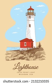 Color sketch of the lighthouse and buildings around it on the shore, ocean and sky with clouds around. Crisp Point Light, Michigan, USA. Vintage card, hand-drawn, vector. Nature sketch.