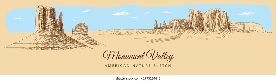 Color sketch of Monument Valley, USA, hand-drawn.