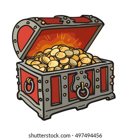 Color sketch of old chest with gold coins. Cartoon style hand drawn vector illustration. Isolated on white background. Money finance wealth concept.