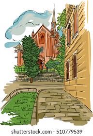 color sketch of the old town street
