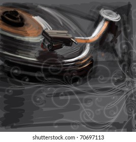 color sketch of an old turntable & floral calligraphy ornament - vector ilustration / eps10