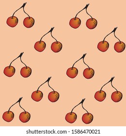 Color sketch of red cherry on a peach background, hand-drawn, vector background for design. background for banner