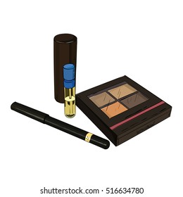 Color sketch set of cosmetic products, consisting of a blush, lipstick and mascara. Vector illustration