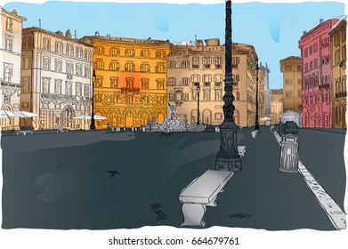 Color sketch square in Rome, vector illustration