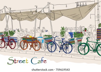 A color sketch of a street cafe in Odessa. Individual layers