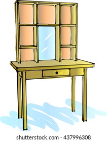 Color sketch table with shelf and mirror 3d isolated. Classical furniture for the interior. Vector illustration on a white background.