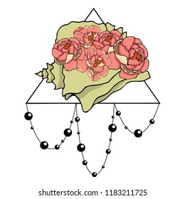 Color sketch of tattoo. Vector illustration. Sea shell with peonies.
