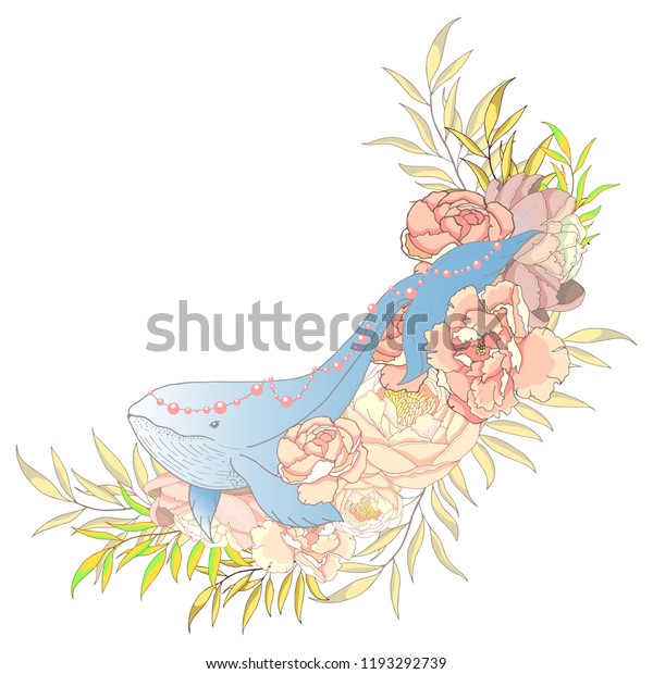 Color sketch of a tattoo. Tattoo whale in\
peonies. Vector\
illustration.