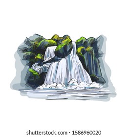 Color sketch, waterfall between stones, hand drawn vector illustration