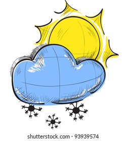 Color sketch weather icons: cloud with snowflakes and sun