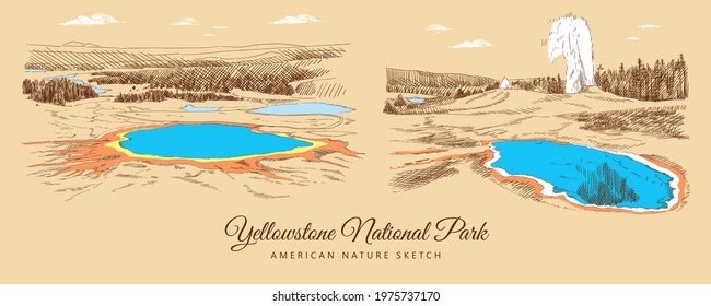 Color sketch of Yellowstone National Park's nature and lakes, USA, hand-drawn.