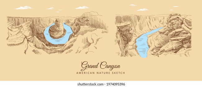 Color sketches of Grand Canyon, USA, hand-drawn.