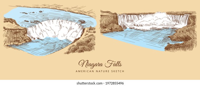 Color sketches of Niagara Falls, USA, hand-drawn.