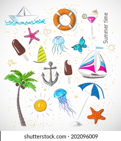 Color sketches of summer beach objects. Vector illustration.