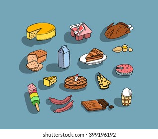 Color sketchy food set on blue background. Free hand drawn. Vector illustration. Cheese, meal, bread, cake, fish, milk, yougurt, ice cream, chocolate, eggs, pie.
