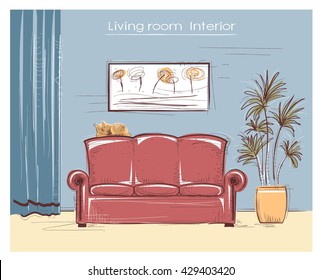 Color sketchy interior illustration of living room.Vector hand drawing modern home with coach and cat