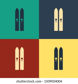 Color Ski and sticks icon isolated on color background. Extreme sport. Skiing equipment. Winter sports icon. Vintage style drawing. Vector Illustration