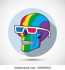 Color Skull in 3D Glasses with flat shadow