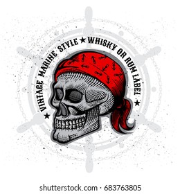 Color skull with bandana in engraving style in center of steering wheel. Vector marine design elements on white