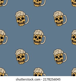 color skull and glass of beer with foam seamless pattern