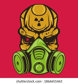 Color skull head of robot with gas mask. Creative character design isolated on red background in hand drawn cartoon style. Technology concept for print, cover, tattoo. Vector illustration.
