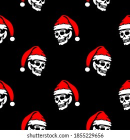 color skull in a new year's hat on a black background seamless pattern