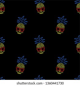 Color skull pineapple with sunglasses seamless pattern black background