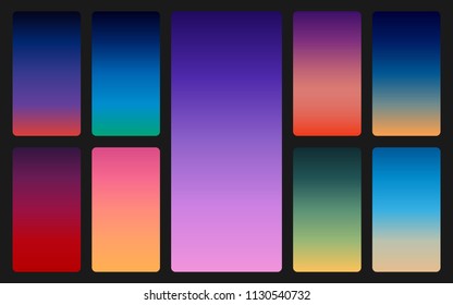 Color sky background on dark. Sunset and sunrise gradients set. Soft colorful backdrop for mobile app. Trendy abstract design. Vector illustration.