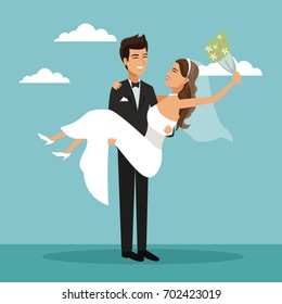 color sky landscape background with newly married couple groom carrying to bride and her with bouquet flower in your hand