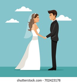 color sky landscape background with newly married couple holding hands