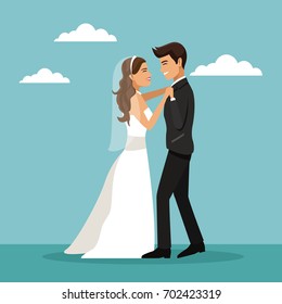 color sky landscape background with newly married couple dancing