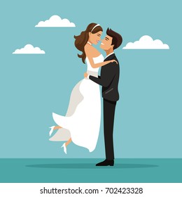 color sky landscape background with newly married couple groom carrying to bride