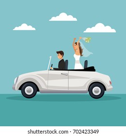 color sky landscape background with newly married couple driving in a car