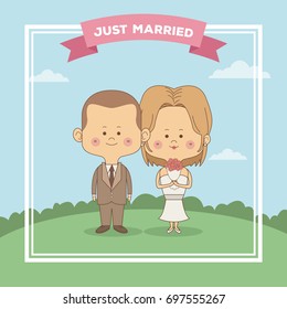 color sky landscape scene greeting card of just married couple bride with blonded hair and groom with haircut