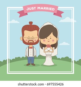 color sky landscape scene greeting card of just married couple bride with brown long hair and groom with glasses and redhair