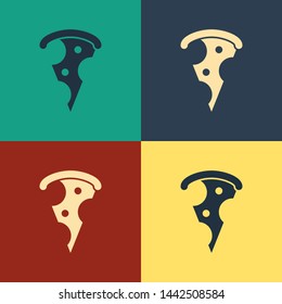 Color Slice of pizza icon isolated on color background. Fast food menu. Vintage style drawing. Vector Illustration