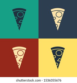 Color Slice of pizza icon isolated on color background. Vintage style drawing. Vector Illustration