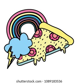 color slice pizza with rainbow and thunder cloud