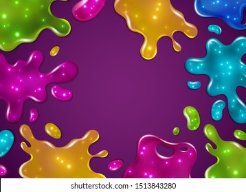 Fondo deslizante de color. Las manchas de color amarillo, violeta, verde y azul brillan con brillo. Borde líquido abstracto vectorial de juguetes giratorios