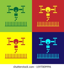 Color Smart farm with drone control for seed planting icon isolated on color background. Innovation technology for agricultural company.  Vector Illustration