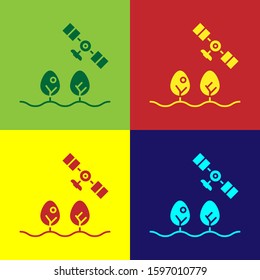 Color Smart farm with drone control and tree icon isolated on color background. Innovation technology for agricultural company.  Vector Illustration