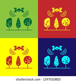 Color Smart farm with drone control and tree icon isolated on color background. Innovation technology for agricultural company.  Vector Illustration