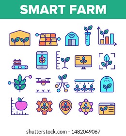 Color Smart Farm Elements Icons Set Vector Thin Line. Innovation Electronic Technology And Watering Plant Smart Farm Computer Control Linear Pictograms. Illustrations