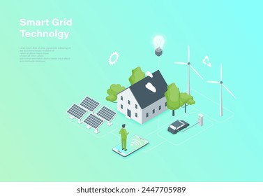 Color Smart Grid Technology with Renewable Energy System for House and Car Concept 3D Isometric View. Vector illustration